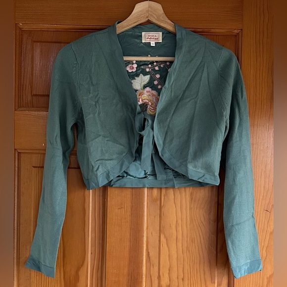 Avoca Knit/Silk Embroidered Shrug Sweater - Picture 2 of 10